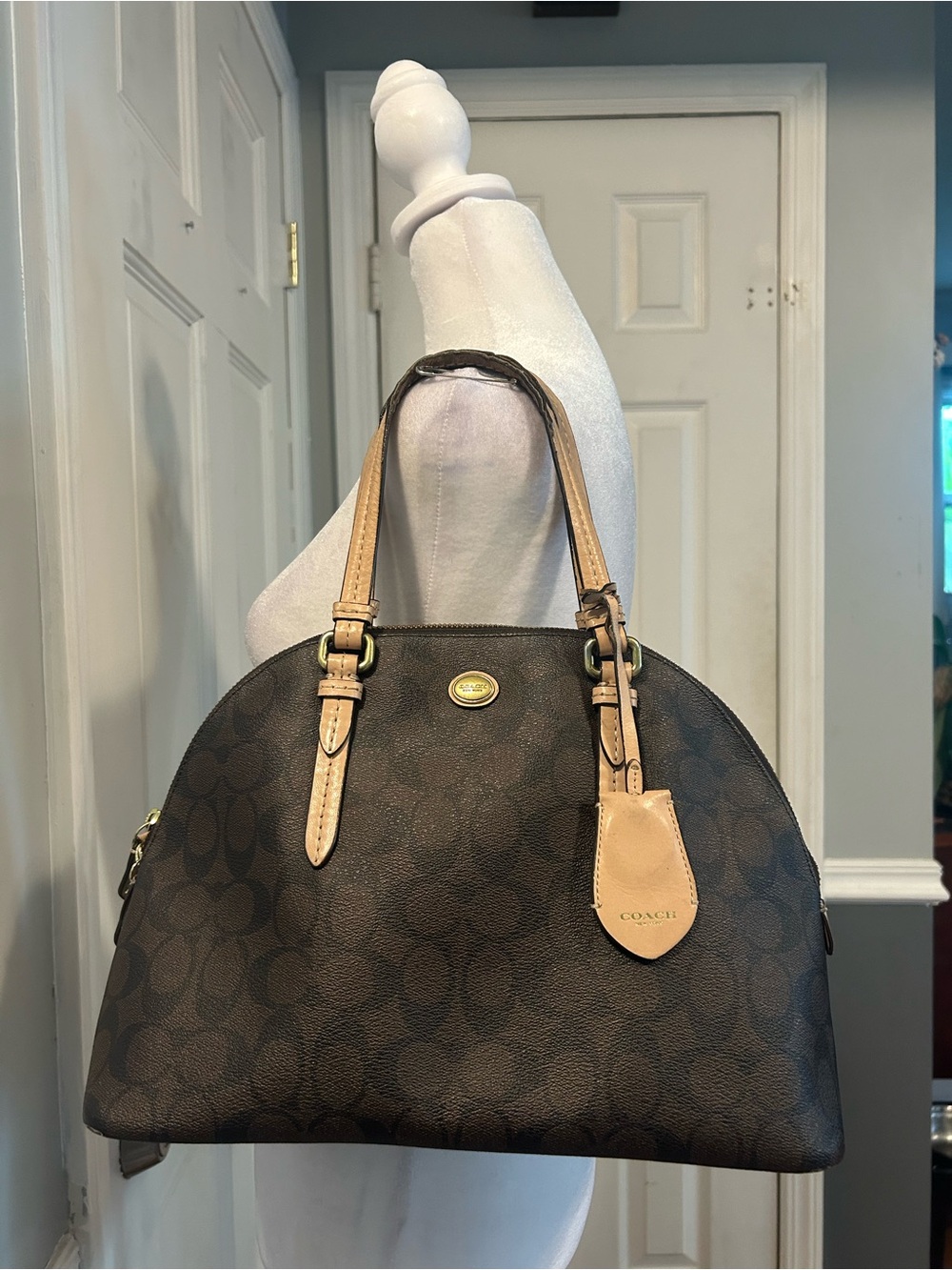 Coach Brown Signature Dome Satchel with Natural Trim